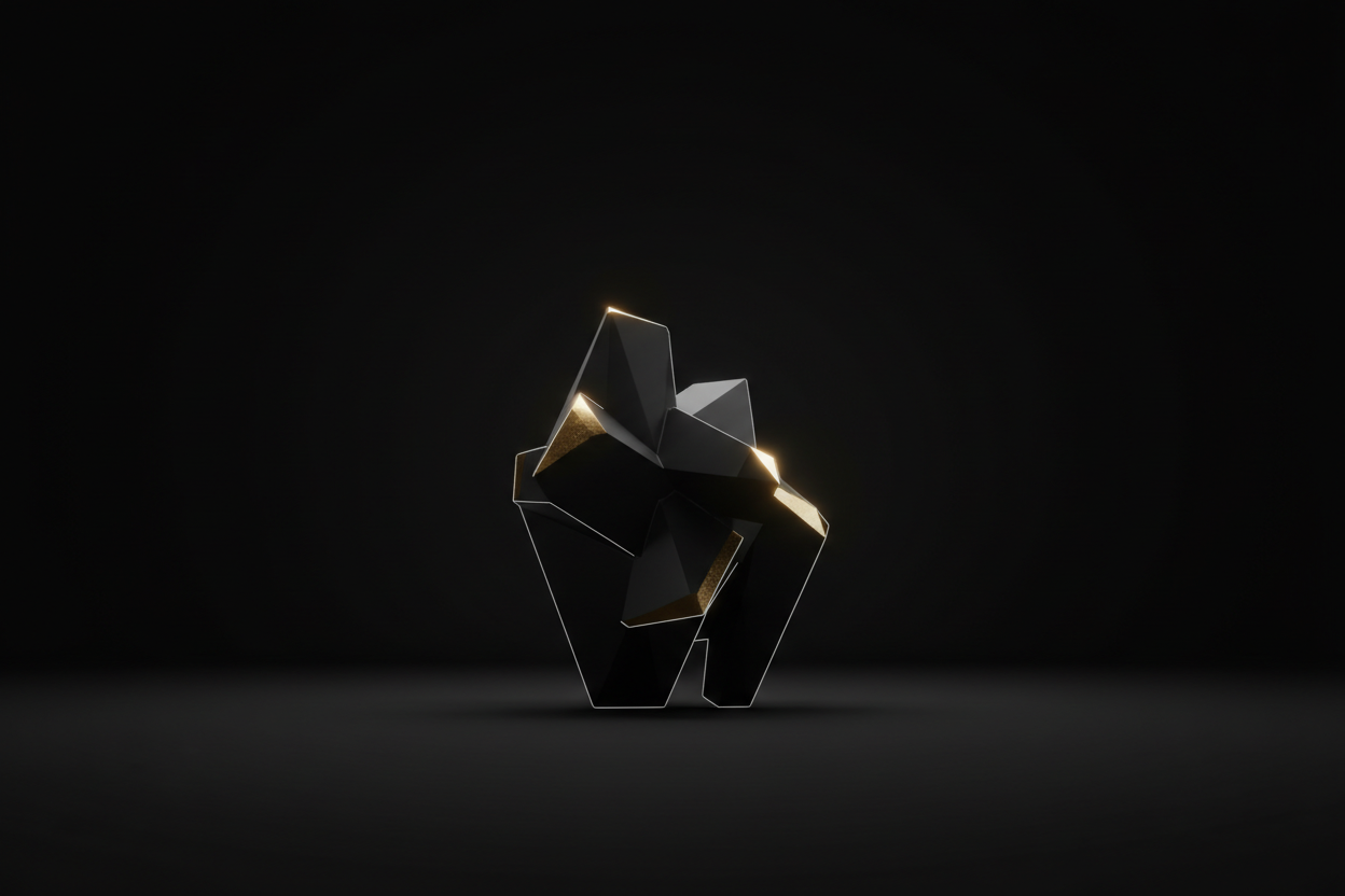 Dark minimal luxury aesthetic. A single geometric black form illuminated with soft rim-light, subtle gold reflections on the edges. Deep shadow background, quiet atmosphere, zero noise. High-end psychology and executive branding vibe. Black and gold without looking flashy. Ultra clean composition, 8K. No text