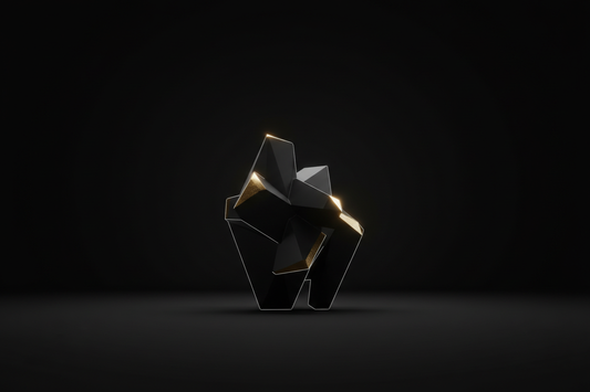 Dark minimal luxury aesthetic. A single geometric black form illuminated with soft rim-light, subtle gold reflections on the edges. Deep shadow background, quiet atmosphere, zero noise. High-end psychology and executive branding vibe. Black and gold without looking flashy. Ultra clean composition, 8K. No text